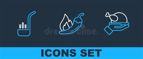 Set Line Roasted Turkey Or Chicken Kitchen Ladle And Hot Chili Pepper Pod Icon Vector Stock