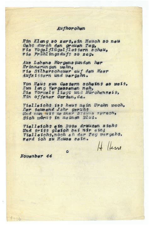 Aufhorchen Ms Gedicht Mit Eigenh U H Hesse Von Hesse