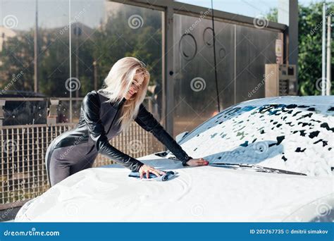 Beautiful Blonde Woman Washes Car Foam At Car Wash Stock Image Image Of Model Provocative