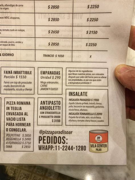 Carta Del Restaurante Pizza Paradiso Pilar Del Viso