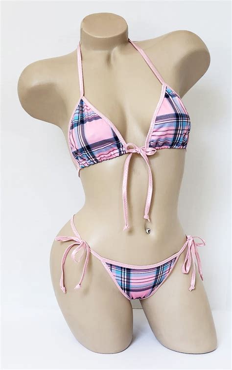 Pink Plaid String Bikini W Front Tie Top Schoolgirl Bikini W Pink
