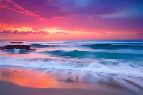 premium ai image  colorful sunset   beach  waves crashing