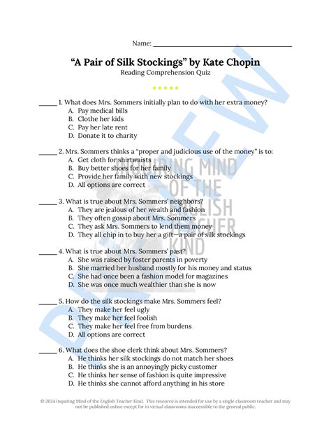 A Pair Of Silk Stockings By Kate Chopin Quiz And Answer Key