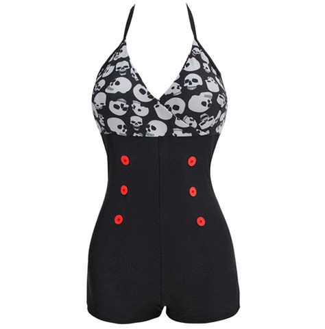 Vintage Gothic Skull Print One Piece Tankini Plus Size Swimsuit 135114