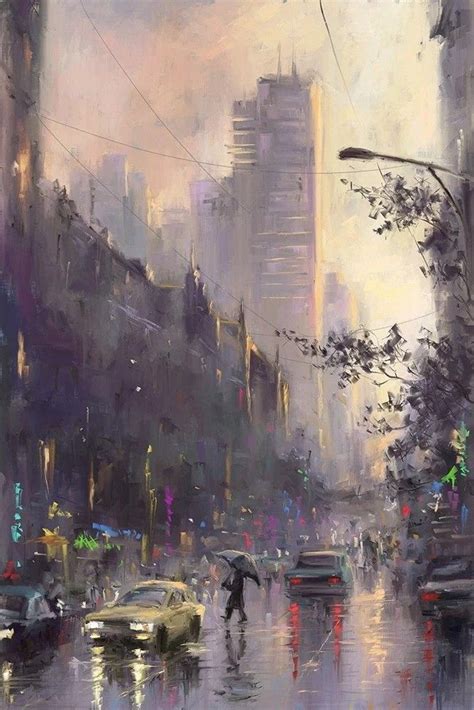 A Painting Of People Walking In The Rain With Umbrellas On A Busy City