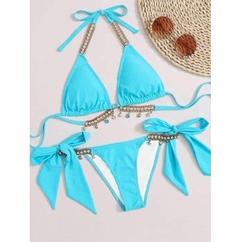 Emmiol Kostenloser Versand Strass Kette Halfter Bikini Set Blau S