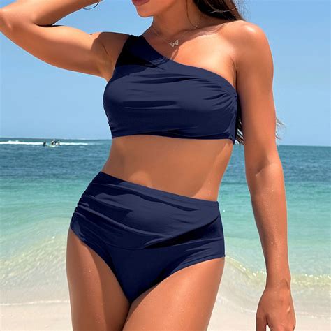 Women S Bikini Sets One Shoulder Two Piece Swimsuit High Waisted Asymmetrical Neck Ruched Cutout
