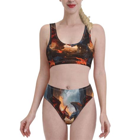 Logiee Lava Dragon Print Women S 2 Piece Bikini Set Halter Bathing Suit High Waisted Bikini Sets