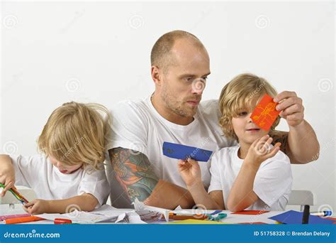 Father Helping His Children With Art Projects Stock Photo Image Of