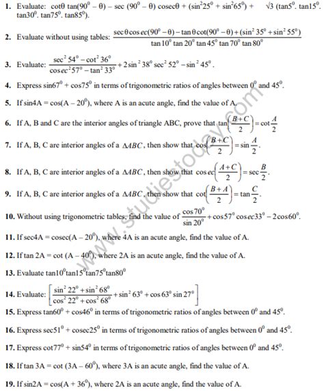 Trigonometry Questions Class 10