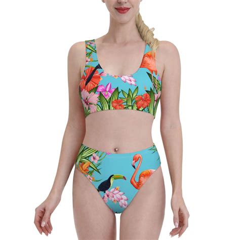 Adobk Tropical Jungle Flamingo Print Women High Waisted Bikini Set Sports Swimsuit Bathing Suit
