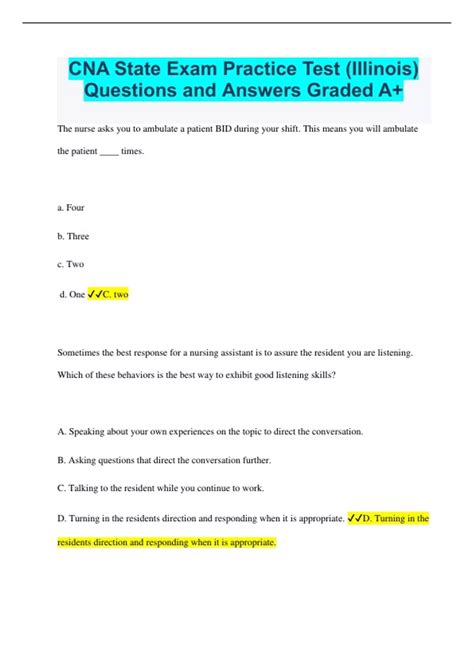 Cna State Exam Practice Test Illinois Questions And Answers Graded A