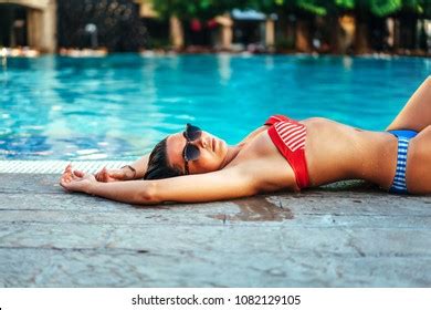 Pretty Brunette Girl Sunbathing Swimming Pool Stock Photo Edit Now