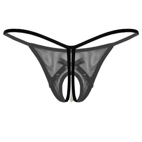 YONGHS FR Micro String Sexy Femme Ouvert Entrejambe Tanga Perle Massage Mini Bikini Ficelle Noir