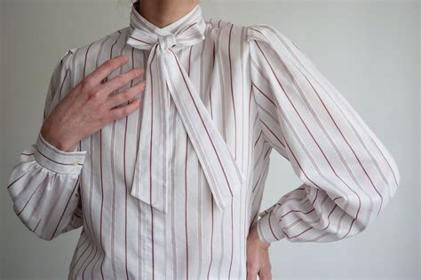 Vintage S Tie Neck Blouse With Puffy Sleeves White Red Striped Blouse Women S Pussy Bow