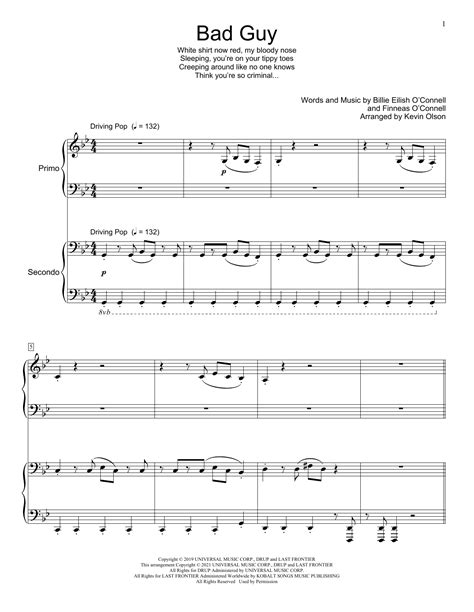 Bad Guy Arr Kevin Olson Sheet Music By Billie Eilish Piano Duet