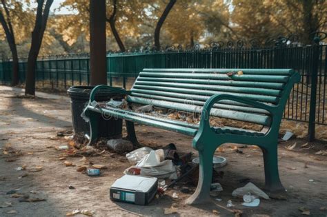 A Park Bench Surrounded By Litter And Trash Stock Illustration