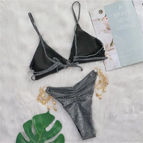 Sexy Tiktok Bright Silk Bikini Chain Pearl Shell Accessories Swimsuit Strapping Women S Swimsuit