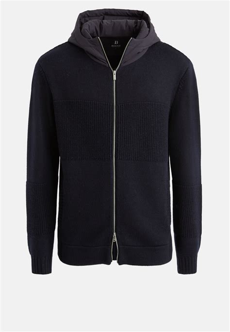 Men S Navy Full Zip Hooded Jumper In Merino Wool Boggi Milano