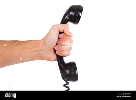 Hand Holding Vintage Phone Receiver Isolated On White Background Stock
