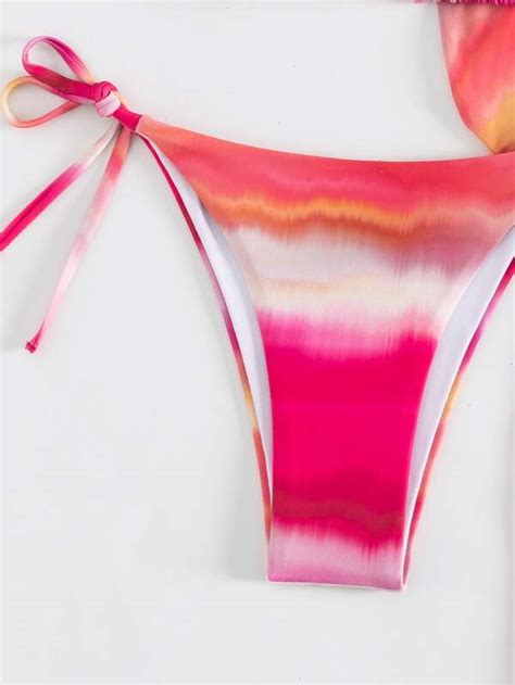 Tie Dye Bikini Set Halter Triangle Bra Tie Side Bottom Short Sleeve Cover Up Top Beach