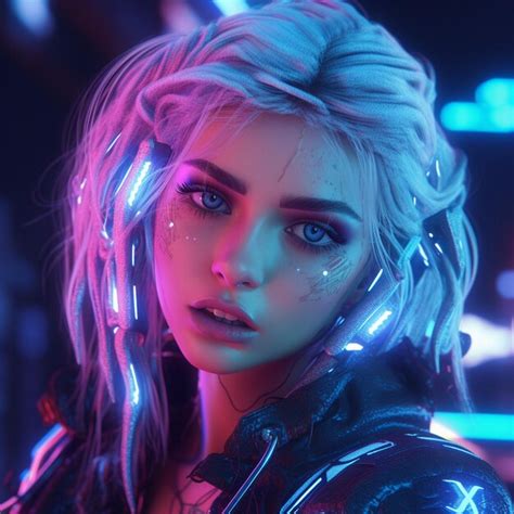 Premium AI Image A Wide Angle Photo Of A Blonde Cyberpunk Girl With No Glowing Blue Eyes Ina