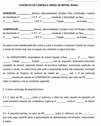 Exemplo de Contrato de Compra e Venda de Imóvel Rural