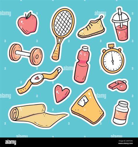 Hand Drawn Set Of Fitness Gym Equipments Activity Lifestyle Stickers