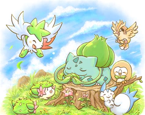 Safebooru Bulbasaur Closed Eyes Clouds Falling Leaves Fang Flower