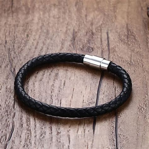 Vnox Mens Black Genuine Leather Bracelet With Stainless Steel Magnet