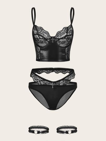Is That The New Grunge Punk Contrast Lace Pu Lingerie Set With Pair Leg Ring Romwe Uk
