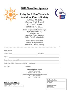 Fillable Online Relay Acsevents Sunshine Sign Order Form Seminole