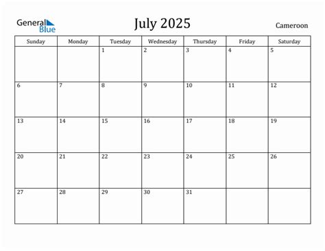 July 2025 Monthly Calendar with Cameroon Holidays