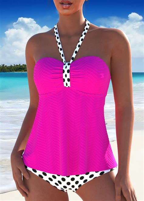 Polka Dot Tie Hot Pink Tankini Set Rosewe USD