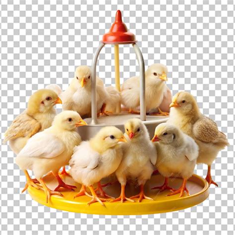 In countryside flock of tiny chickens is eating f on transparent