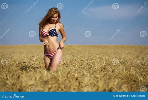 Woman In American Flag Bikini In A Wheat Field Stock Photo Image Of Person Beauty