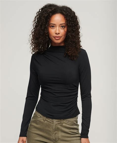 Womens Long Sleeve Ruched Mock Neck Top In Black Superdry Uk