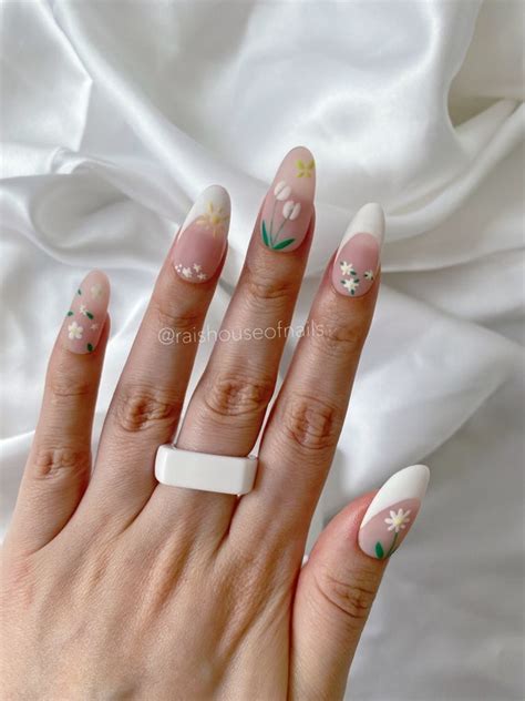 French Tip Flowers Press On Nails Summer Nude Fake Nails Etsy
