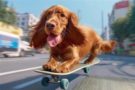 Premium Ai Image Funny Dog Rides A Skateboard