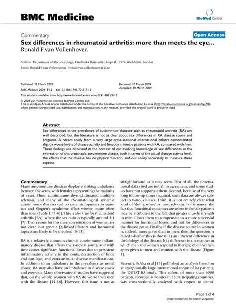 Pdf Sex Differences In Rheumatoid Arthritis More Than Meets The Eye