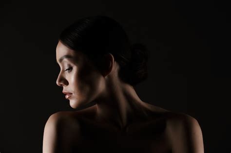 Free Photo Beautiful Portrait Of Half Naked Elegant Woman With Dark Hair In Bun Putting Head