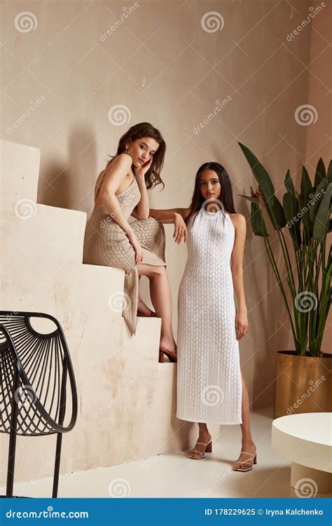 Two Beautiful Woman Friends Brunette Tanned Skin Makeup Cosmetic Fashion Clothes Summer