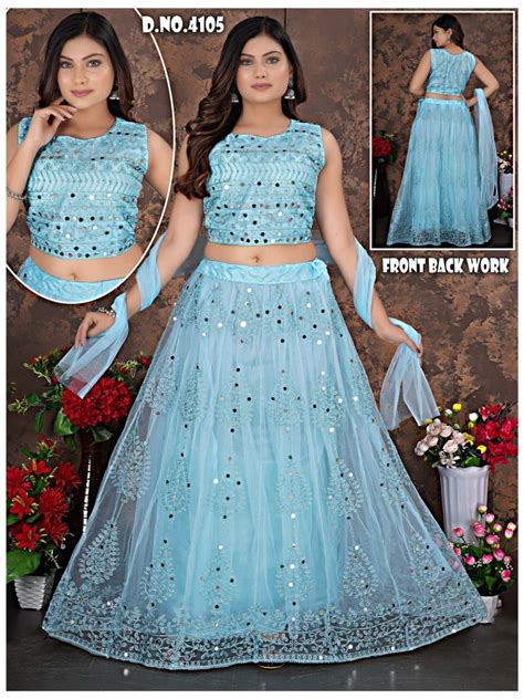 Party Wear Embroidery Sky Blue Net Embroidered Lehenga Choli Machine