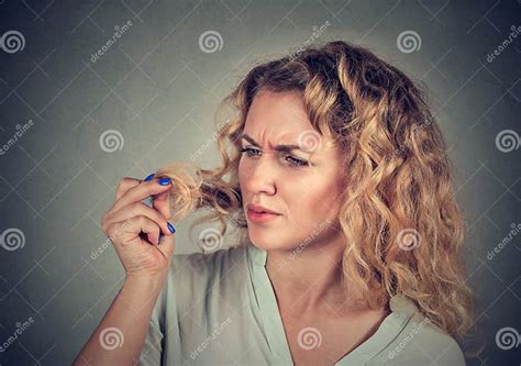 Unhappy Frustrated Woman Surprised She Is Losing Hair Receding Hairline