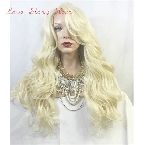 Synthetic Wigs 24 Long Platinum Blonde Wig Wavy Heat Resistant Fake Hair Lace Front Wig For