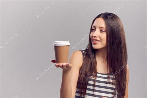Woman Drinking Hot Drink From Disposable Paper Cup Stock Photo Pavel Kolotenko 73458797