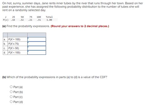 Solved On Hot Sunny Summer Days Jane Rents Inner Tubes By Chegg