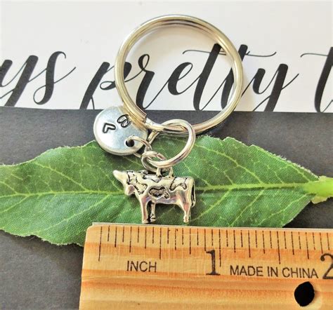 Cow Keychain Personalized With Initial Charm Cow Keyring Etsy