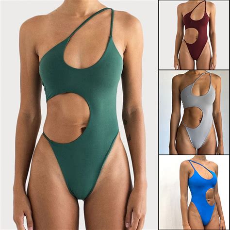 Swimsuit Female Sexy Beach Set Swimwear Solid Color One Shoulder Trilateral Sexy Bikini Swimsuit