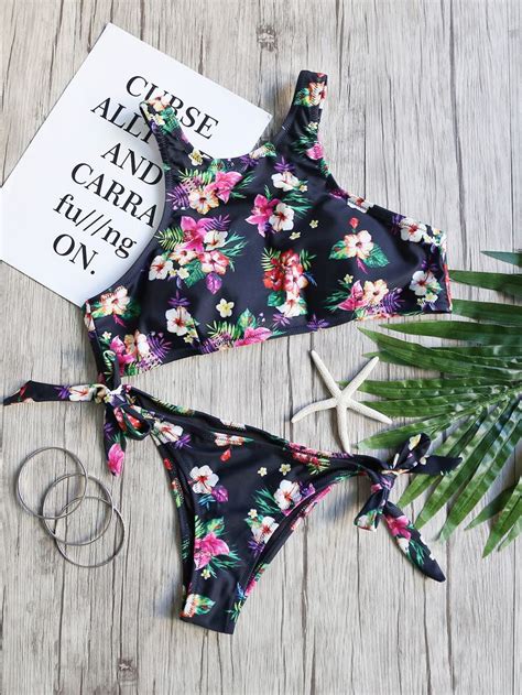 Black Floral Print Halter Neck Side Tie Bikini Set Bikinis Tie